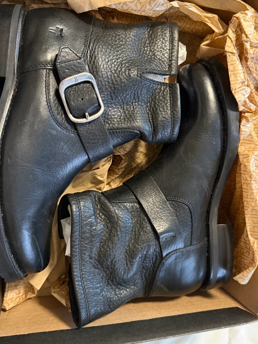 Frye Black Leather Harness Ankle Boots